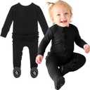 Posh Peanut Footie Pajamas for Baby Girls  Sleepers in Viscose from Bamboo with 2-Way Zipper & Ruffle Trim (6-9 Months, Solid Ribbed Black)