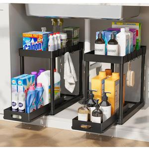 POUGNY 2 Pack Pull-Out Storage Organizers, Under Sink Organizer and Storage for Bathroom & Kitchen,Multi-Purpose Under Cabinet Organizers and storage Black