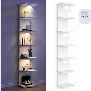 Pinkunn 2 Pack 7-Tier LED Floating Wall Shelf with Remote, 77in Tall Adjustable Lighting Wall Shelf Unit, Vertical Storage Display Organizer Floating Rack for Bedroom, Living Room, No Battery(White)