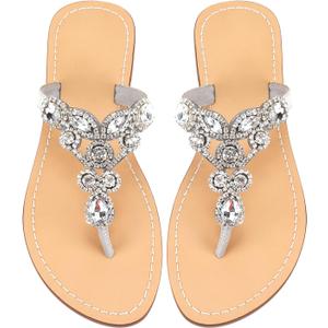 AIJIVOU Women's Rhinestone Flat Sandals, Women Flip Flops with Clip Toe Ring Beadeed Rhinestone Crystal Jeweled Sandal Shoes for Summer Beach Oceanside Holiday Outdoor (10.5)