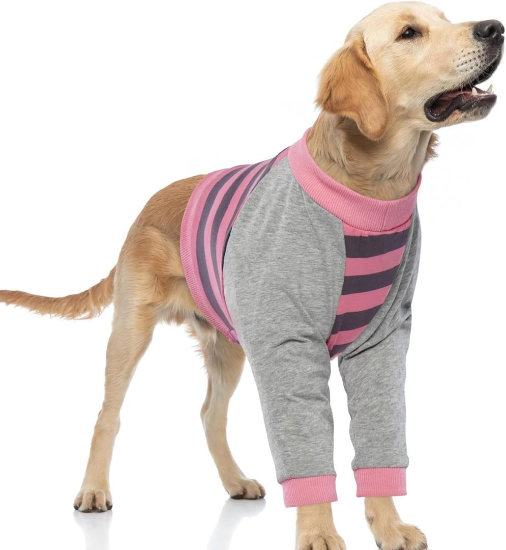 FUAMEY Dog Recovery Sleeve with Elbow Protector,Dogs Shirt Stop Licking Joints,Pet Long Sleeve Suit Protecting Dog's Front Leg Arm Wounds Cover Skin Conditions Pink Stripes Large