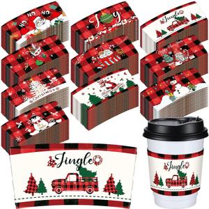 Layhit 500 Pcs Christmas Coffee Cup Sleeve Disposable Corrugated Paper Cup Sleeve Jacket Double Layer Heat Insulated for Home Office Xmas Party Hot Chocolate Cocoa Cold Beverage (Checkered Style)