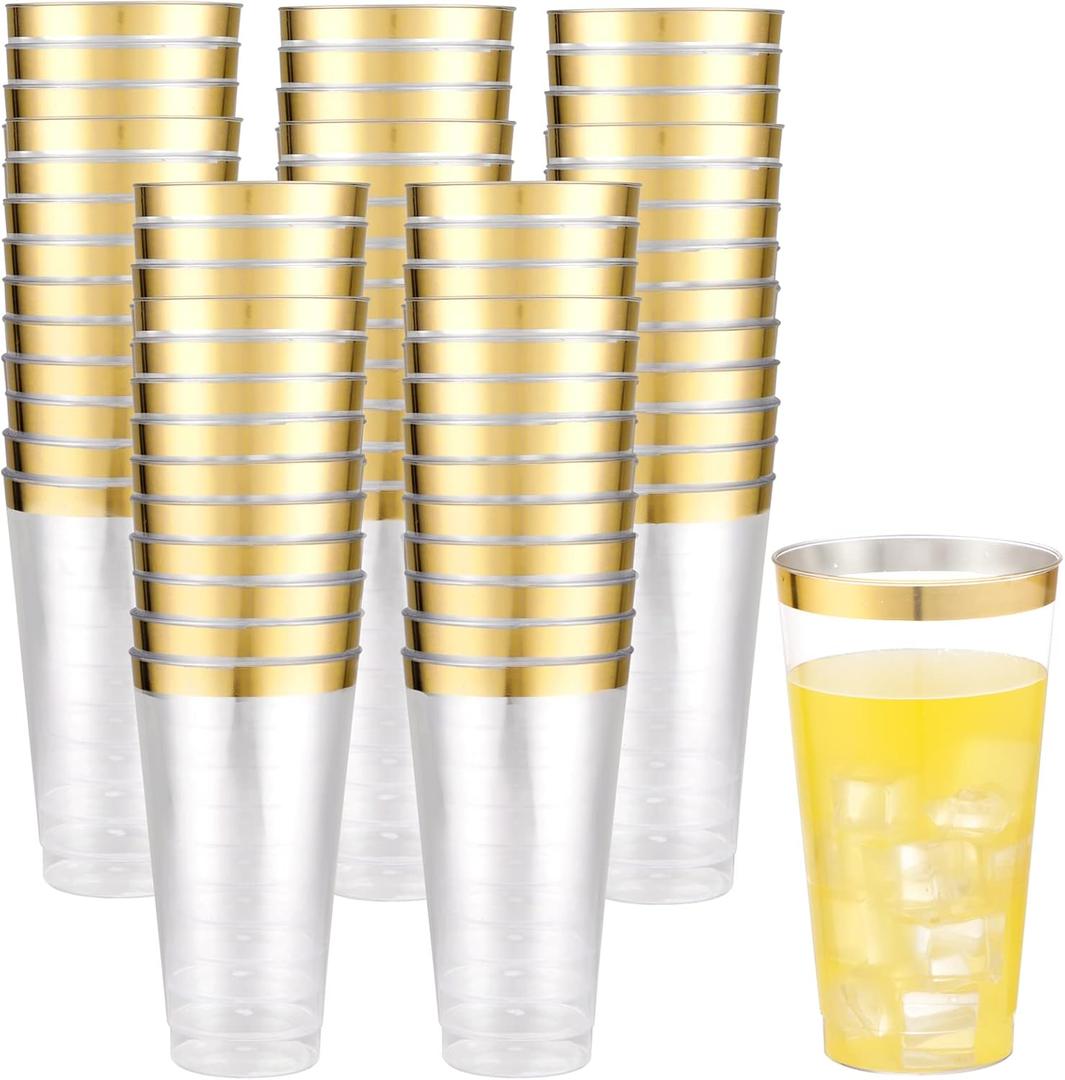 LIYH 100 Pcs Gold Plastic Cups - 16 oz Clear and Gold Rim Plastic Cups, Big Size Fancy Disposable Party Cup Beverage Drinking Cup for Party & Wedding