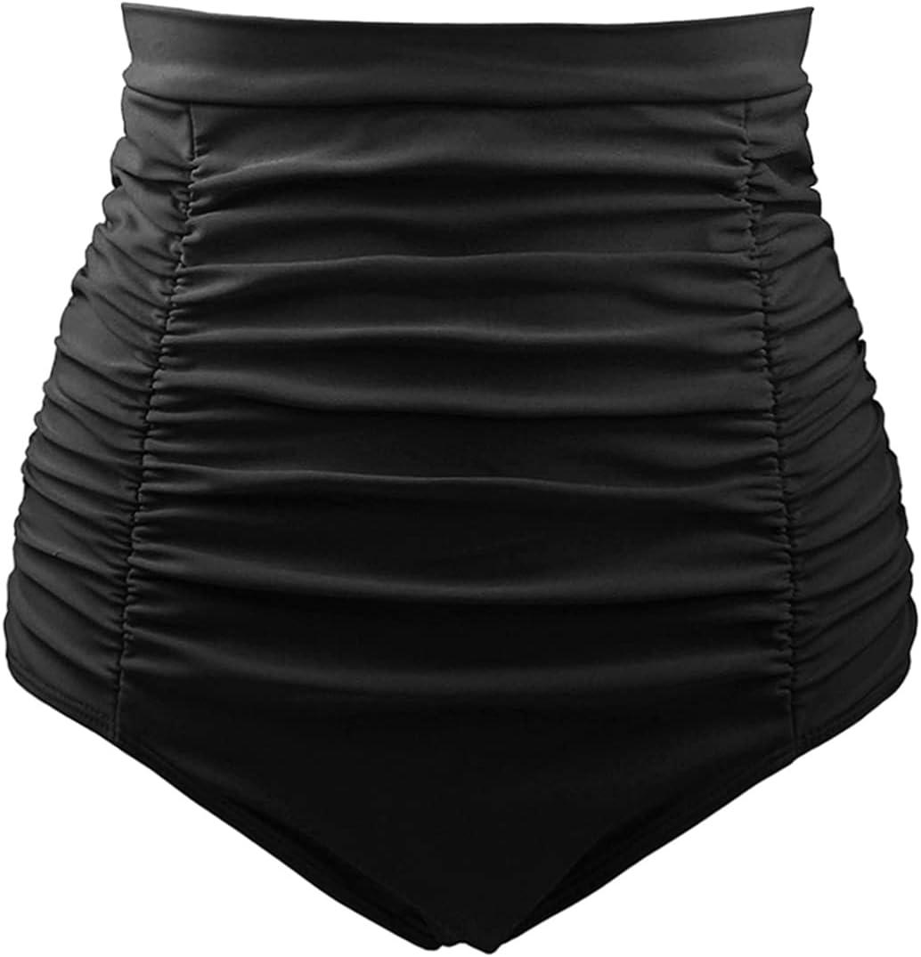 DANIFY Women's Ruched High Waisted Bikini Bottom Tummy Control Swim Bottoms Vintage Plus Size Tankini Swimsuit Bottoms (10, Black)