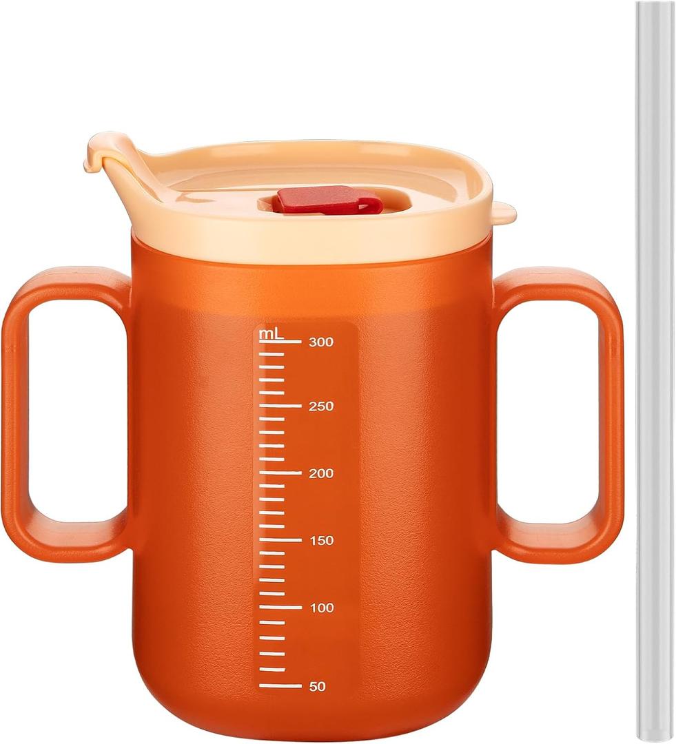 VOPHIA Senior Water Cup Sippy Cups for Elderly, Safe Silicone Spill Proof Cups with 2 Handles Straw and Lid for Adults for Hospital Patients, Elderly, Pregnant, and Disabled (Orange-1 Pack)