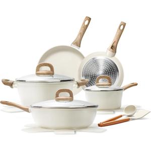 14 Pcs Pots and Pans Set, Nonstick Cookware Sets, Granite Induction Cookware Non Stick Cooking Set with Frying Pans, Saucepans, Saute Pan, Extra Large Casserole, PFAS PTFE PFOA PFOS Free (14-Piece (Cream White))