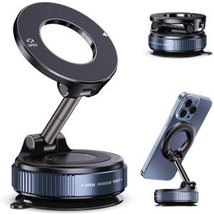 Vacuum Magnetic Suction Phone Holder, Foldable and Retractable Hands-Free Suction Cup Phone Mount for Car/Gym/Mirror/Smooth Surface, Compatible with iPhone Android and All Smartphones (Black)