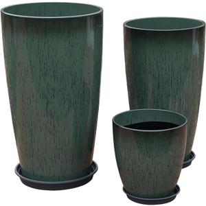 24,21,11 Inch Large Plastic Planters with Drainage Hole and Saucer - Set of 3 Tall Plant Pots Indoor Flower Pot Tall Round Planters Outdoor Large Tall Planter