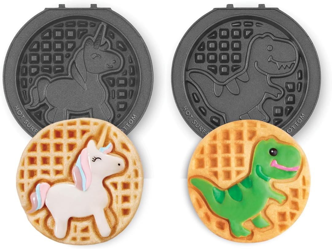 DASH MultiMaker Mini System Two 4 Nonstick Removable Waffle Plates Set (Unicorn & Dinosaur) - 2Pc Plate Pack for Waffle Iron & Griddle, Compatible with Dash MultiMaker Mini System, Nonstick Surface