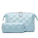 BOYATU Travel Makeup Bag Cosmetic Pouch: 2 Pcs Set Waterproof Vegan Leather Cosmetic Bags for Women - Cute Quilted Skincare Make up Toiletry Bag for Girl (04-Blue)