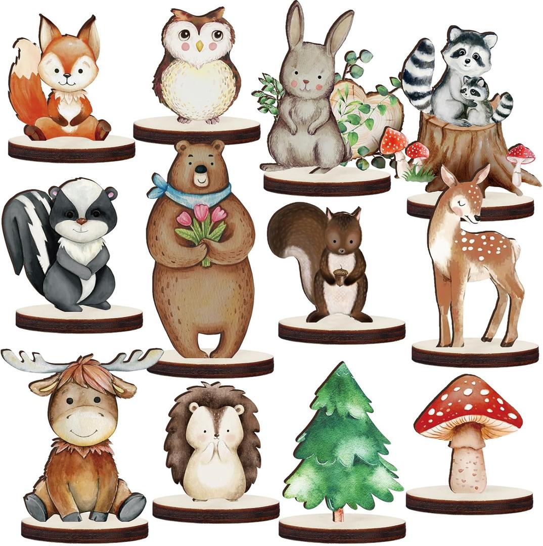 Geetery 12 Pcs Woodland Animals Wooden Animal Cutout Shapes Forest Painted Woodland Baby Shower Decorations Wild Creatures Wood Table Centerpieces for Forest Camp Party Supplies (Cute)