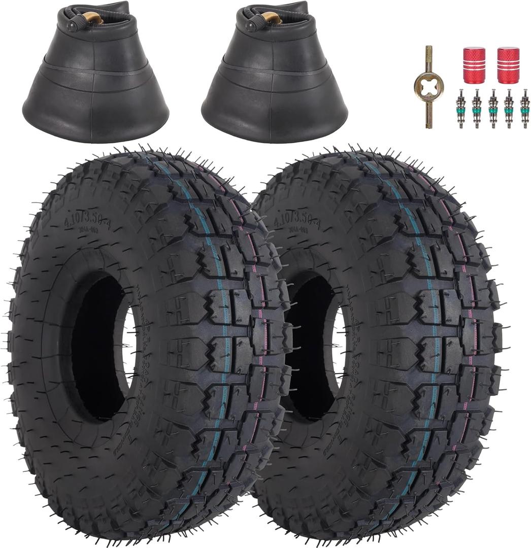 RUTU 2PCS 4.10/3.50-4 Replacement Tire and Inner Tube Set with Bent Valve Stem, 10x350-4 Heavy Duty Wheelbarrow Replacement Parts for Lawn Mower, Handcart, Snowblower, Go Kart, ATV (Large Pattern)