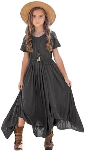 Seechoslo Tween Girls Maxi Dress Short Sleeve Casual Flowy Boho Style Summer Long Dress for Girls Big Kids, Size 12Y