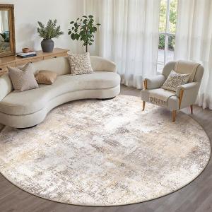8x8 Washable Round Rug Beige Grey Abstract Living Room Bedroom Area Rug Neutral Modern Non Slip Soft Low Pile Indoor Carpet for Dining Room Office Entryway