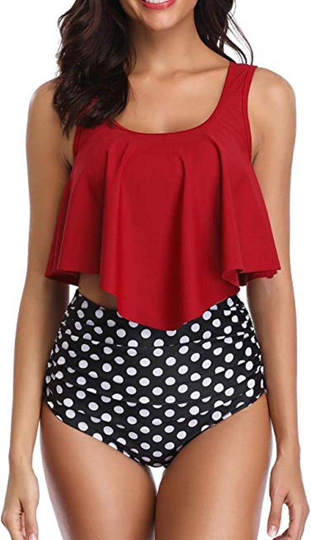 Women High Waisted Bikini Swimsuit Plus Size Flounce Top Vintage Tummy Control Bottom Two Piece Tankini Bathing Suits (Small, Wine Red)