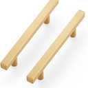 Ravinte 5 Pack Brass 4 Inch Hole Center Champagne Gold Handles Square Cabinet Hardware Stainless Steel Pulls for Kitchen Cupboard Drawers 6-3/8 Inch Overall Length