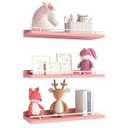 WOPITUES Floating Shelves with Metal Guardrail, Shelves for Wall Decor Set of 3, Wall Shelves for Bedroom, Bathroom, Kitchen, Living Room, Plants, Picture Frames, Art-Pink