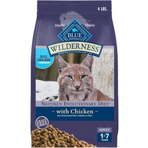 Blue Buffalo Wilderness Nature's Evolutionary Diet High-Protein, Grain-Free Natural Dry Food for Adult Cats, Chicken, 4-lb. Bag (4 Pound (Pack of 1))