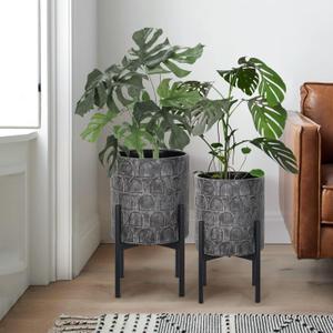 Oakrain Mid Century Planters for Indoor Plants, Set of 2, Modern Decorative Metal Planter Pots for Living Room, Office, Garden or Balcony, Planter with Stand, Paint Black (8inch+10inch, Arches Gray)