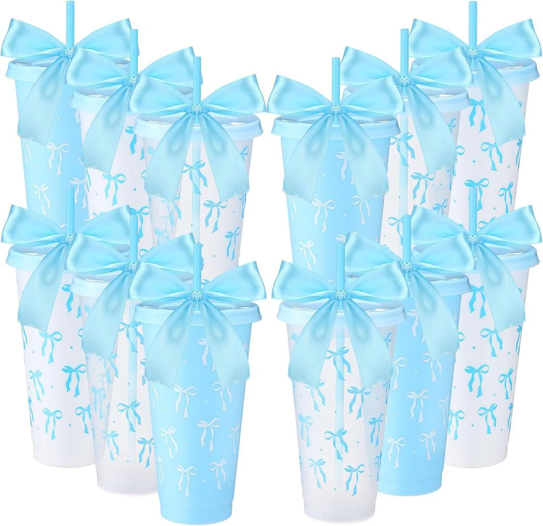 Skylety 12 Pcs Blue Bow Plastic Cups with Lid Straw and Ribbon Set, 24 oz Blue Bow Coquette Party Decorations Reusable Drinking Cups for Birthday Wedding Baby Shower Bridal Party
