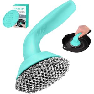 HAUSHOF Cast Iron Scrubber with Long Handle, Chainmail Scrubber Cast Iron Cleaner for Pan, Kitchen Cleaning Kit for Grill, Dutch, Oven (Seafoam Green)