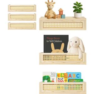 Montex Rattan Floating Shelf 3 Pack, 16 Inch Nursery Floating Shelves, Floating Book Shelves for Wall Nursery, Boho Shelves, Rattan Shelves Decor, Wicker Wall Shelf