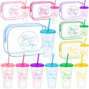 12 Pcs Girls Trip Gifts Favors for Women 6 Girls Trip Makeup Bags 6 Cups with Lids and Straws 24oz Plastic Tumbler Best Friendship Weekend Gift for Friend Bestie Sister Bachelorette Vacation