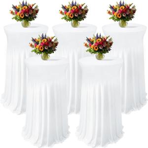5 Pack White Round Spandex Cocktail Tablecloths with Skirt,32 x 43 Inch Stretch Cocktail Table Cloth & Spandex Table Cover for High Top Tables, Bars, Weddings, Parties & Banquets