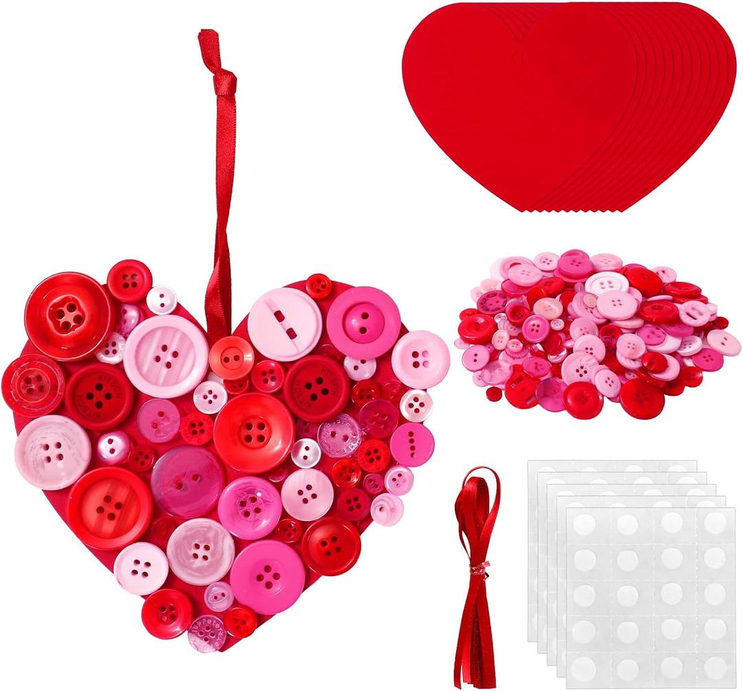 Whaline 12 Sets Button Valentines Ornament Kit Pink Heart Button Craft Hanging Decorations for DIY Home Activities Wedding Anniversary Party Favors Supplies