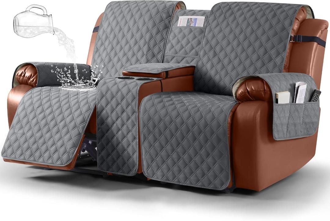 Ruaozz Waterproof Loveseat Recliner Cover with Console Non-Slip Reclining Couch Covers Split Sofa Slipcovers with Elastic Straps for Kids, Dogs, Pets (Dark Grey, 2 Seater)
