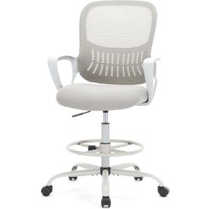 DUMOS Drafting Chair - Ergonomic Tall Office for Standing Desk, Counter with Height Adjustable and Comfortable Lumbar Support, Fixed Armrests, Grey