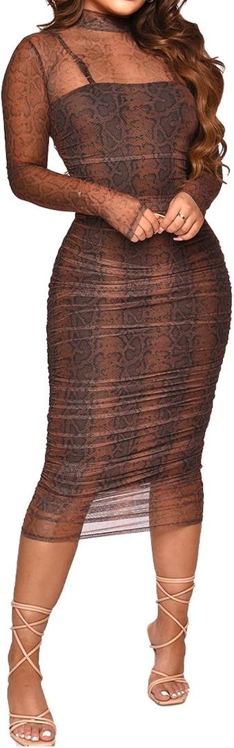 Fastkoala Women Sexy Long Sleeve Printed Sheer Mesh Bodycon Midi Dress See Through Slim Fit Party Clubwear Night Dress (Medium, Snakeskin)