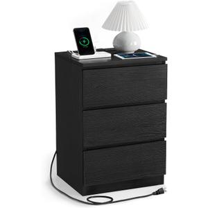 VASAGLE Nightstand with Charging Station, 2 AC Outlets and 2 USB Ports, Bedside Table, Side Table with 3 Drawers, Modern Style, 13.8 x 15.7 x 23.2 Inches, Ebony Black ULET631B58
