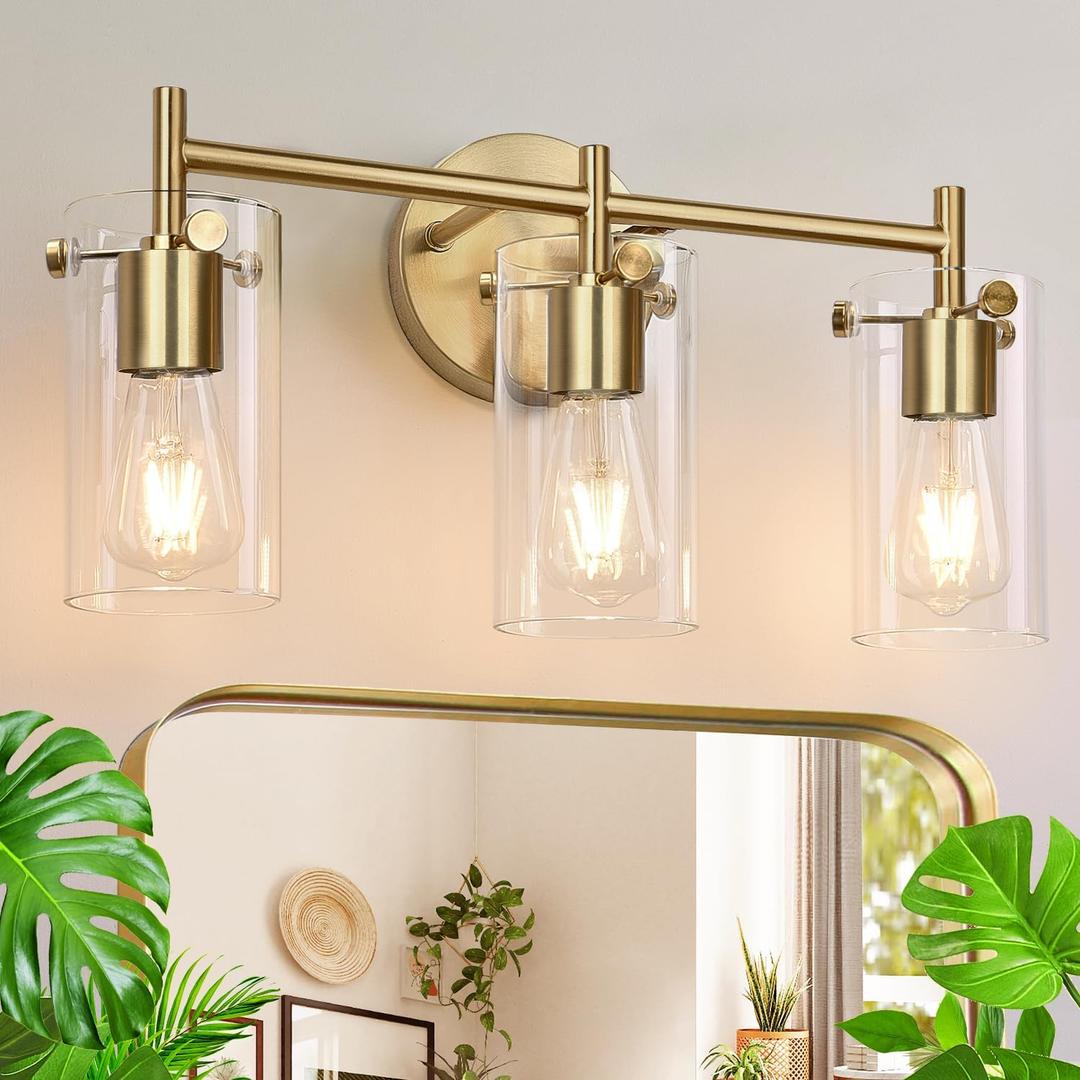 Bathroom Light Fixtures, 3-Light Brushed Gold Vanity Light, Gold Bathroom Lights Over Mirror with Clear Glass Shade, Wall Sconces for Mirror Bedroom Living Room Hallway