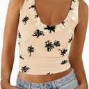 Tankaneo Womens Ruffle Deep V Neck Tank Tops Summer Sexy Floral Print Sleeveless Fitted Shirts Trendy Y2k Going Out Crop Tops (Beige, M)
