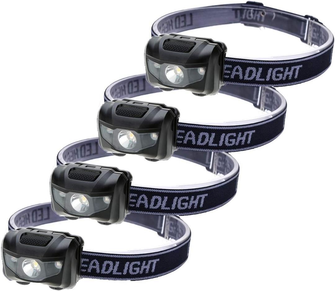 HappyOrange 4-Pack Waterproof LED Headlamp (White and Red Lights), 4 Light Modes Lightweight Headlight for Running, Hiking, Hunting, Fishing, Camping (Black)