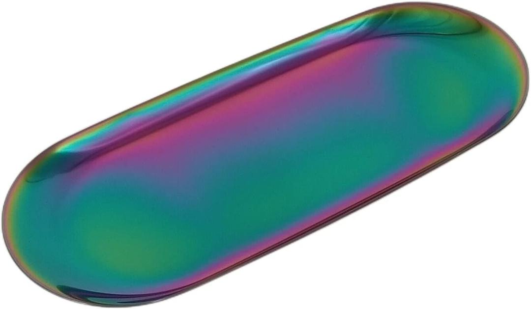 Stainless Steel Decorative Storage Organizer Plate Dish Plate Tea Tray Fruit Trays for Jewelry, Fruit, Food, Makeup Cosmetic, Towel, Perfume, Candle Trimmer, Multi-Color, Oval, 9.06" x 3.7"