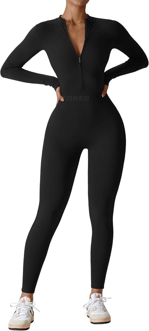YEOREO Women Long Sleeve Workout Jumpsuit Zip Up Romper Bottom Pants Bodysuit Bodycon Sexy One Piece (Black)