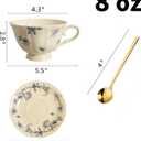BOGZH Porcelain Vintage Tea Cup and Saucer Set for 1, 8 oz China Ceramic Coffee Mug with Gold Spoon, Small Latte Art Cappuccino Cup, Cream Blue Floral Design, tea party gifts for women