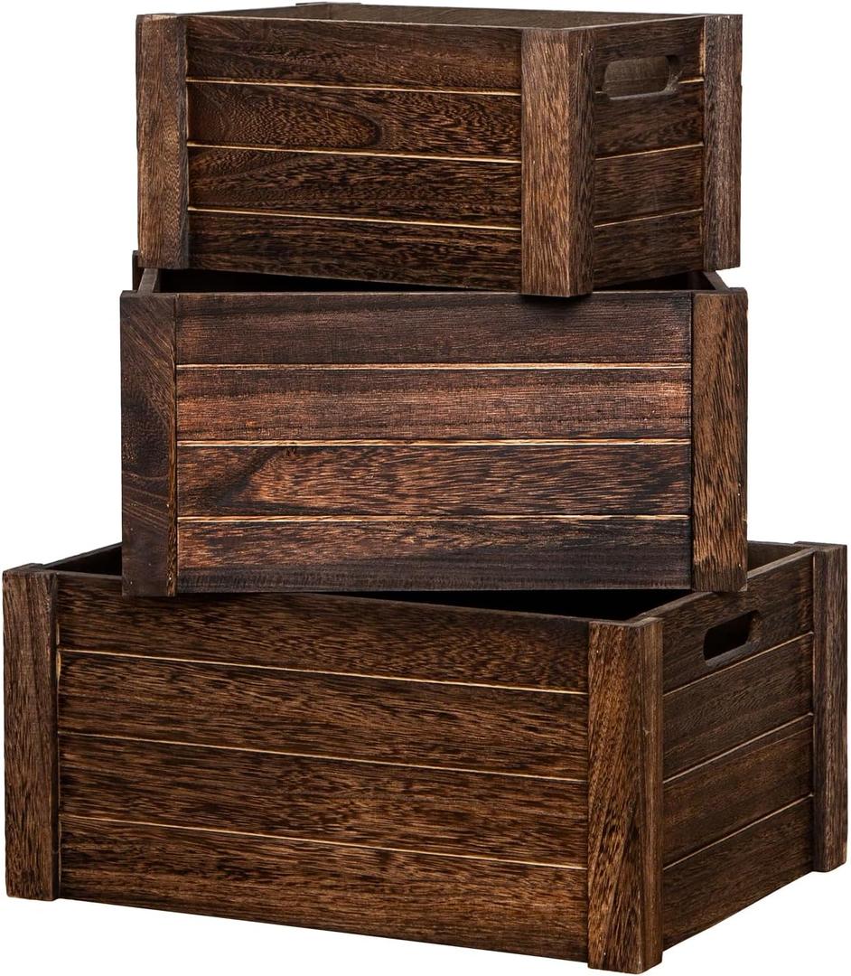Large Vintage Brown Wooden Crates For Storage,Nesting Handmade Solid Wood Vintage Black Wood Storage Boxes.Storage Crates For Organizing.