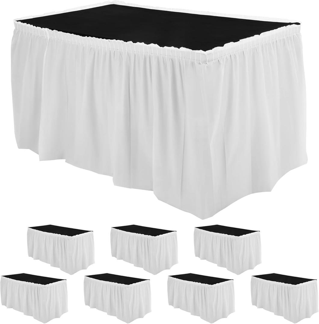 8 Pieces White Plastic Table Skirts 14 Feet x 29 Inch for Rectangle Tables Fitted Tablecloth Disposable Table Cover for Birthday Party, Events, Banquette Baby Shower