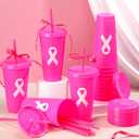 16 Pcs Breast Cancer Awareness Plastic Tumblers 24 oz Reusable Pink Ribbon Cups Bulk with Lids and Straws Drinking Cups Gifts for Women Breast Cancer Awareness Survivor Gift Party Supplies