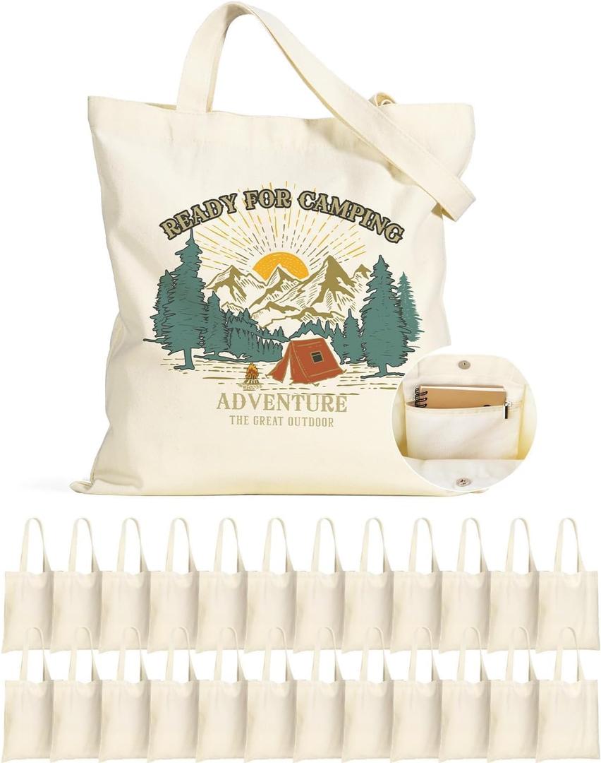 Lzerking Canvas Tote Bag Bulk with Pocket and Magnetic Snaps Buttons, 24 Pack 13x15 Inches Sublimation Tote Bags for DIY, Promotion, Advertising, Activity, Gift (Medium)