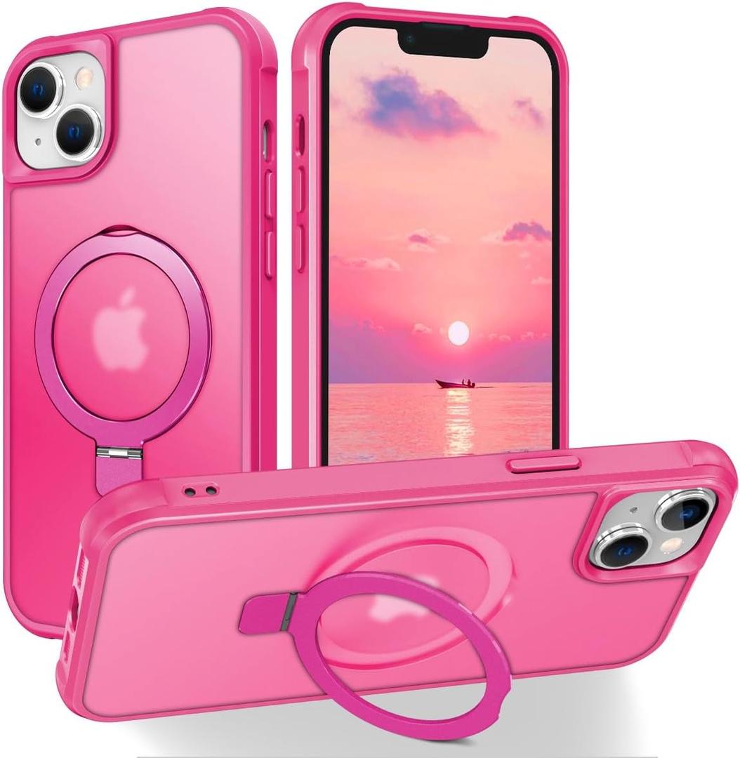 Hocase for iPhone 14/13 Case 6.1", with Magnetic Ring Stand [Compatible with MagSafe] [Military Grade Protection] Slim Shockproof Translucent Protective Phone Case - Hot Pink