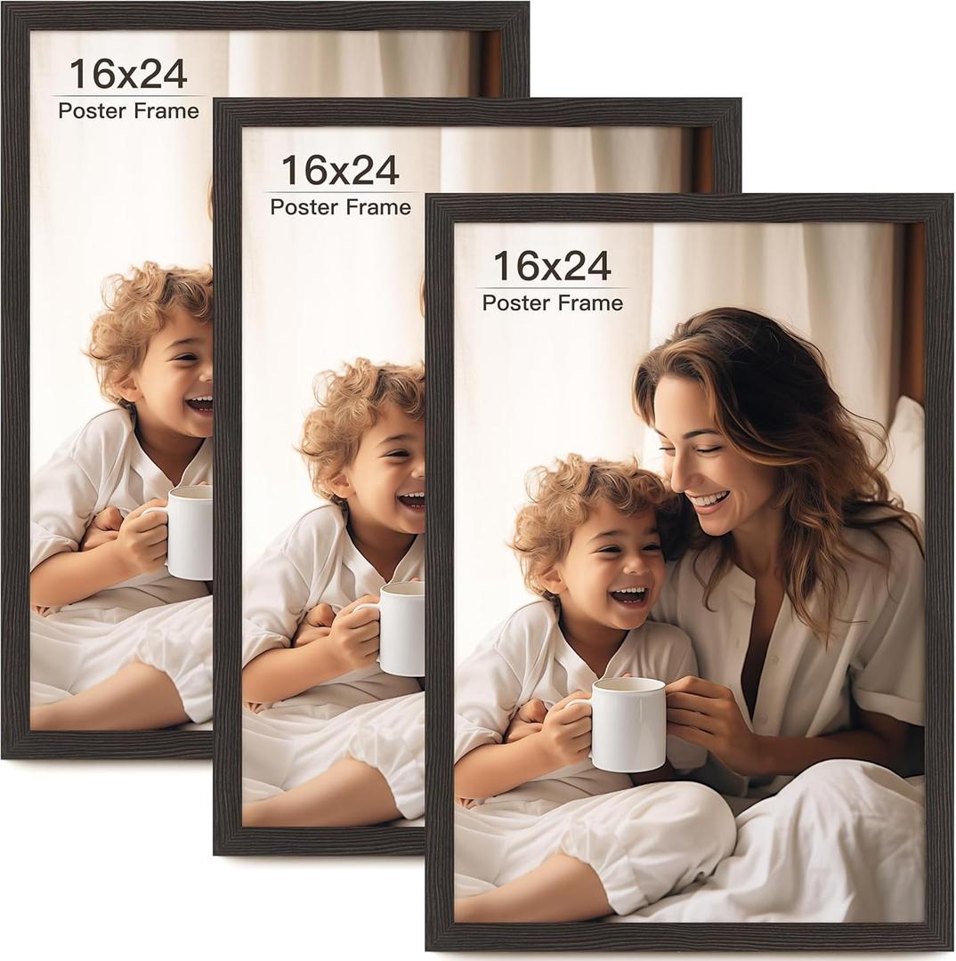 16x24 Picture Frame Set of 3, Black Wood Grain 16x24 Frames for Horizontal and Vertical Wall Mounting (3 pack, Black)