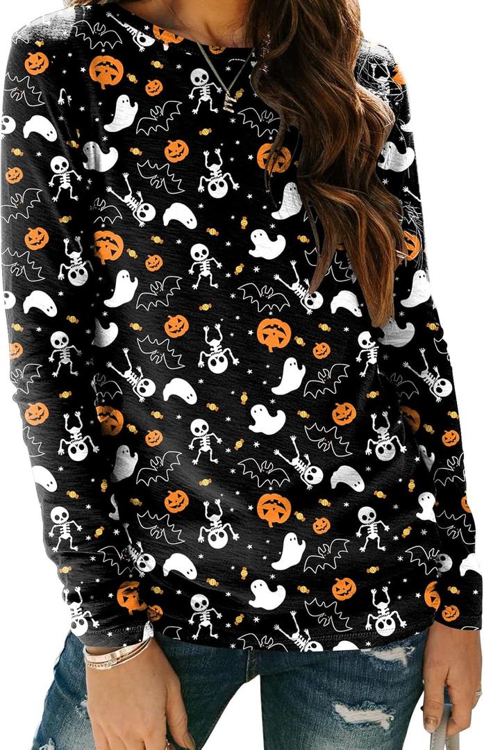 Zeagoo 3 Pack Long Sleeve Shirts for Women Casual Soft Crewneck Basic Tee Tops Fall Outfit Clothes (Small, Halloween Black(1 Piece))