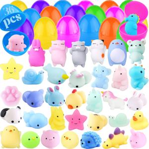 36Pack Mochi Squishy Filled with Easter Eggs Toys, Colorful Filled Surprise Easter Eggs with Mini Animal Squishies Toys for Kids Adults Classroom Prize Supplies, Easter Party Favor, Basket Stuffers