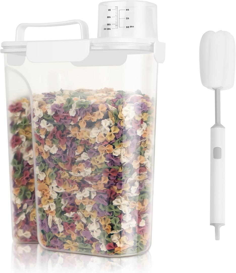 10 Lbs Rice Container with Cleaning Brush, Cereal Containers Storage Dispenser with Larger Spout & Cup, Airtight Pet Cat Dog Food Storage Container, Kitchen and Pantry Organization Bin -White