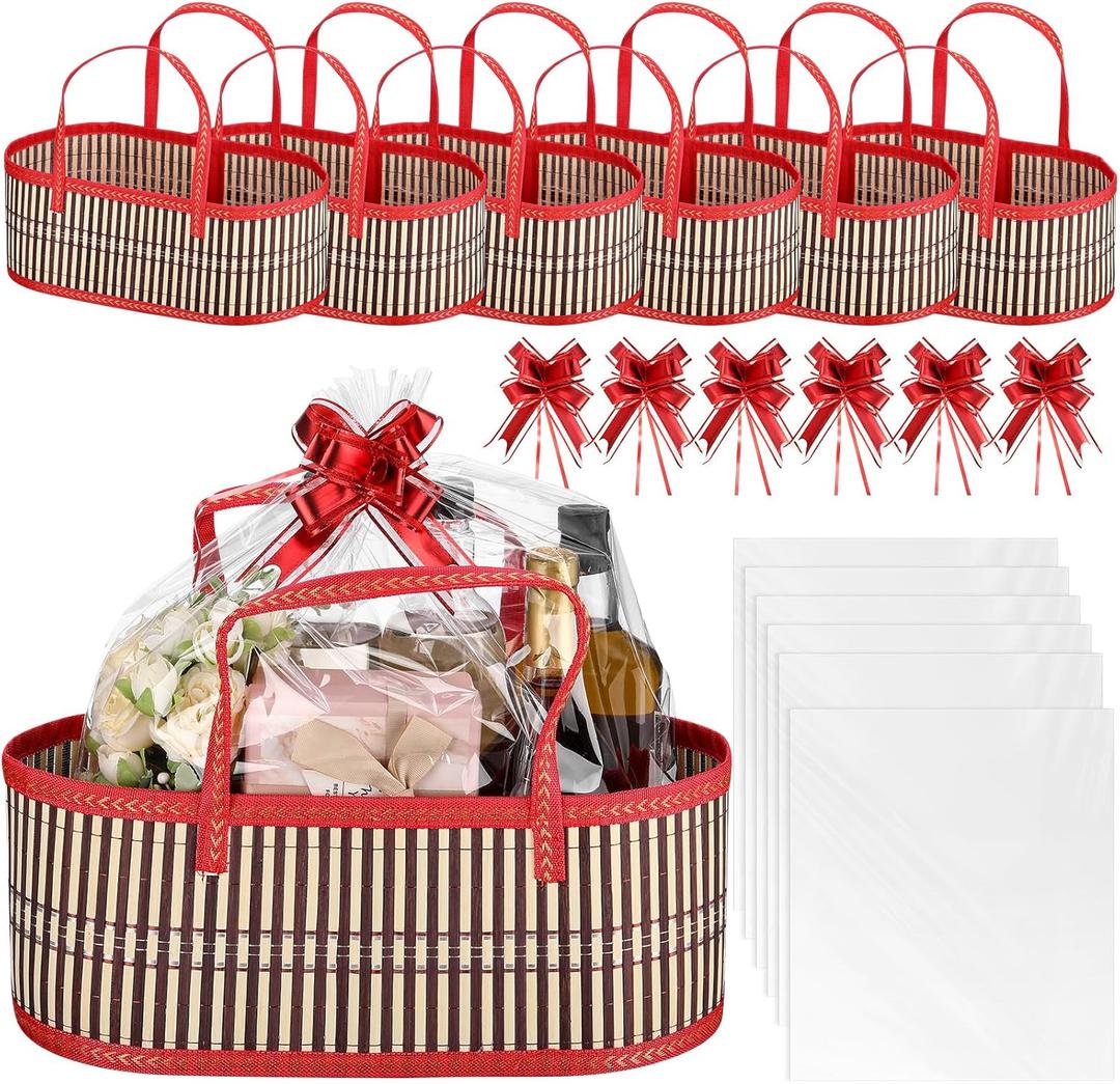 Reallnaive 6 Sets Empty Gift Baskets Large Woven Bamboo Basket for Christmas DIY Birthday Party Empty Gift 15.75 x 7.87 x 6.3 Inch, Bows and Cellophane Wrap Bags