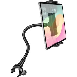 Gooseneck Indoor Cycling Tablet Mount, Spin Bike Tablet Holder for Stationary Treadmill Elliptical, 360 Rotation Handlebar Clamp for iPad Pro Mini Air, Galaxy Tab/Z Fold, iPhone,4-12.9" Device